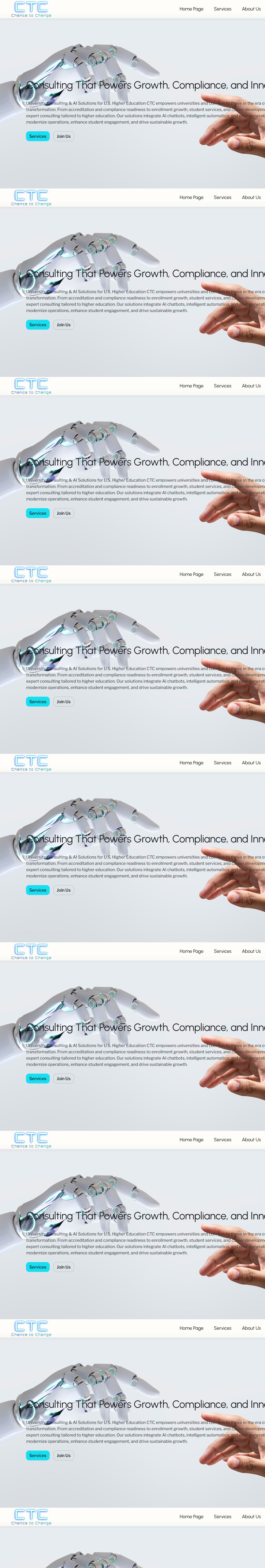 Current CTC EdTech homepage showing the public site header and higher-education consulting and AI solutions introduction.