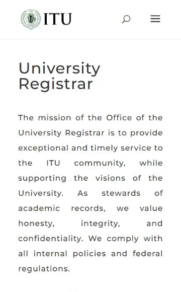 Current ITU University Registrar page on a narrow viewport, showing the ITU header, page title, and registrar mission.